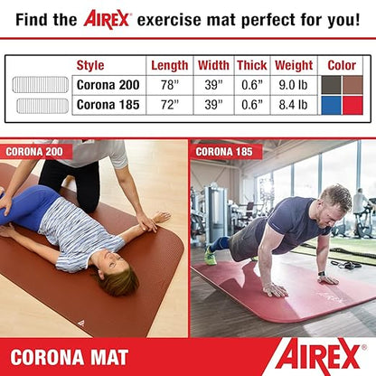 AIREX Corona 200 Premium Exercise Mat for Yoga, Physical Therapy, Rehabilitation, Balance & Stability Exercises, Pilates, Aerobics 78" x 39", Red