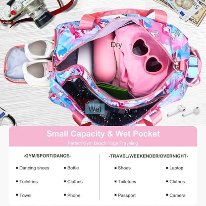 Gym Travel Duffle Bag for Girls - Gymnastics Sports Dance Bag with Shoe Compartment & Wet Pocket Mermaid Kids Travel Bag Teens Weekender Sleepover Carry On Bag