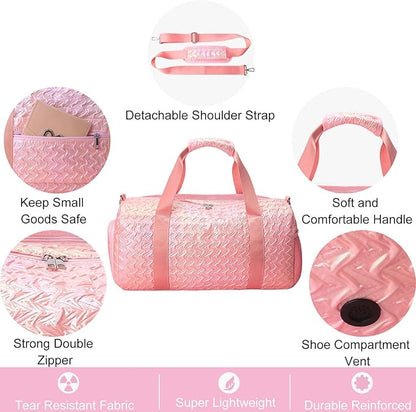 Gym Travel Duffle Bag for Girls - Gymnastics Sports Dance Bag with Shoe Compartment & Wet Pocket Kids Travel Bag Teens Weekender Sleepover Carry On Bag