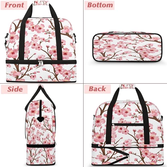 Foldable Travel Duffel Bag for Women, Overnight Weekender Bag Cherry Blossom Floral Carry on Duffel Bag Luggage Sports Gym Tote Bag with Shoes Compartment, Water Rresistant Shoulder Bag