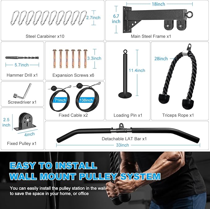 Wall Mounted Pulley System, Low Cable Machine Pulley System for LAT Pulldown, Biceps Curl Home Gym Equipment with Fitness Pull Down Bar, Tricep Rope