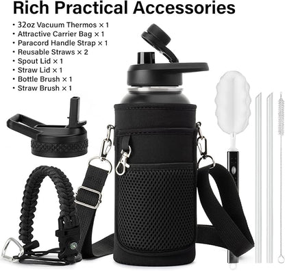 32 oz Insulated Water Bottle | Thickened Stainless Steel Vacuum Metal | Portable Sports Water Jug for Gym and Hiking with Straw, Carrier Bag, Handle Strap | BPA-Free 32 oz, Black
