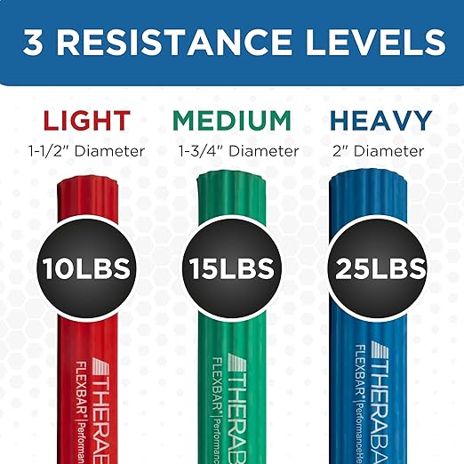 THERABAND FlexBar, Tennis Elbow Therapy Bar, Relieve Tendonitis Pain & Improve Grip Strength, Resistance Bar for Golfers Elbow & Tendinitis, 3 pack, Light-Medium-Heavy, RED/GREEN/BLUE