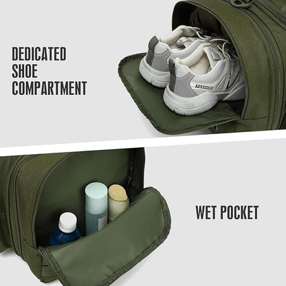 3 in 1 Tactical Travel Duffle Bag Backpack for Men Women 40-45L Expandable Gym Bag & Sport Duffel Bags for Travel with Shoe Compartment & Wet Pocket, Weekend Overnight bag for Caming, Green