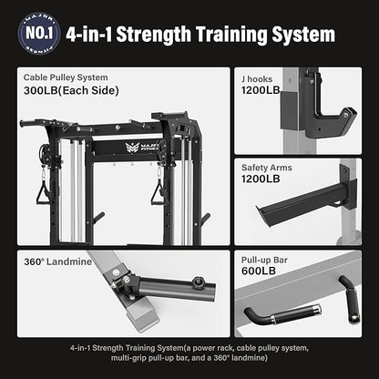 MAJOR FITNESS F22 Power Rack, 1600lbs All-in-One Squat Rack with Dual Pulley System, Heavy-Duty Steel Frame, Attachments & Storage for Home Gym Strength Training