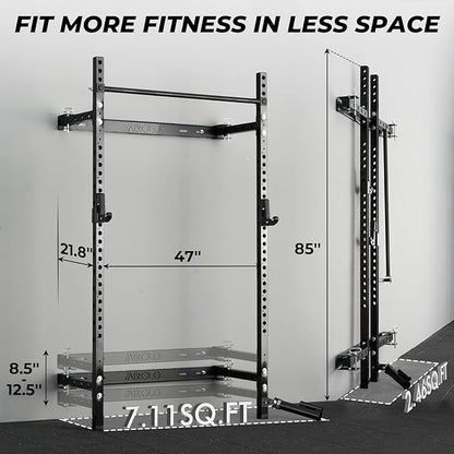 Mikolo 2" x 2" Folding Wall Mounted Squat Rack, 1000 Pounds Capacity Power Rack with Pull Up Bar, J Hooks and Other Attachments, Space-Saving Home Gym
