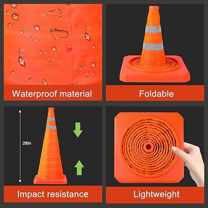 TENKAIWICK 28 Inch 8 Pack Traffic Cones, Collapsible Safety Cones, Multi Purpose Pop-up Cones with Reflective Collar, Orange Cones for Parking lot, Driveway, Driving Training etc