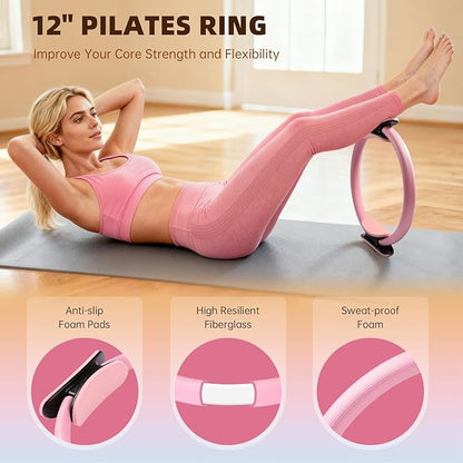 16PCS Pilates Kit for Home Workouts, Essential Equipment Set with 12'' Ring & 9” Ball, 5 Resistance Bands - Pilates Starter Kit for Women, Full Body Toning & Strength