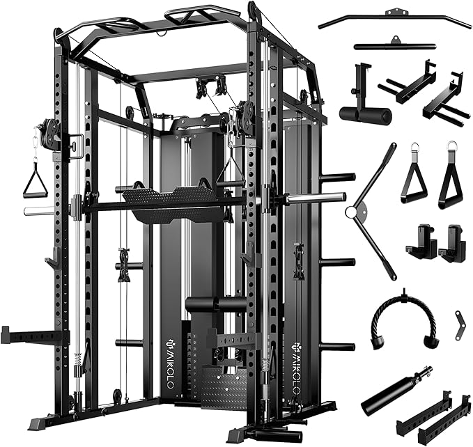 Mikolo Smith Machine with Weight Stack, Power Cage Home Gym System with LAT Pulldown & Cable Crossover, Multi-Functional Trainer with Dual Pulley System, Includes 10+ Free Attachments