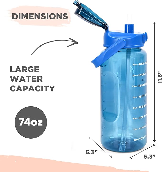 Gym Keg Plastic Water Bottles - 74 oz Bottle Jug with Sleeve & Phone Holder - BPA-free - Sweat & Leak Proof - Water Bottle with Straw and Handle for Workouts, Jogging, Travel, Gym - Blue