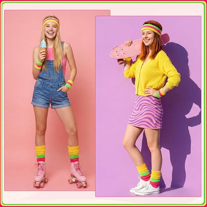 80s Neon Sweatbands Set Sports Wristband and Headband Neon Slouch Socks 80s Outfits for Women 90s Accessories