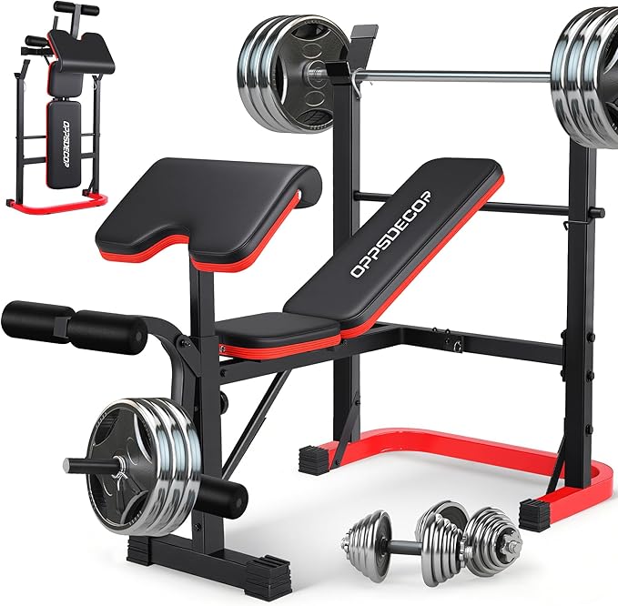 OPPSDECOR Foldable Weight Bench Set with Preacher Curl Pad and Squat Rack, 660LBS Adjustable Bench Press with Leg Extension and Leg Curl, Incline Decline Home Gym Bench for Women Teens Full Body Strength Training