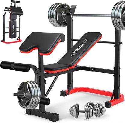 OPPSDECOR Foldable Weight Bench Set with Preacher Curl Pad and Squat Rack, 660LBS Adjustable Bench Press with Leg Extension and Leg Curl, Incline Decline Home Gym Bench for Women Teens Full Body Strength Training