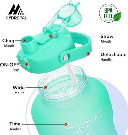 HydroPal 1 Gallon Water Bottles with Straw, 128 oz Water Bottle BPA Free Innovative 2-IN-1 Lid Gym Bottle with Times to Drink Motivational, Large for Sports Fitness Camping Water Jug （13.8X5.5 inch）