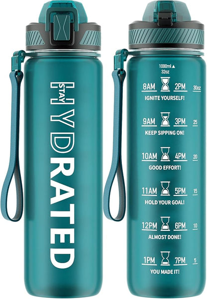 Water Bottle with Straw, 32oz Motivational Water Bottles with Time Marker to Drink, Tritan BPA Free, 1L Sports Water Bottle with Carry Strap LeakProof for Women Gym Fitness Outdoor (1 Pack)
