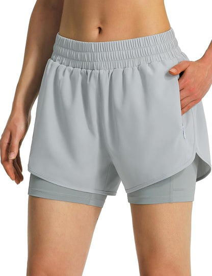 Ksmien Women's 2 in 1 Running Shorts Quick Dry Athletic Gym Workout Shorts with Liner Phone Pockets