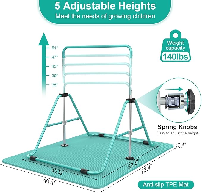 SHIWEI Gymnastics Bar for Kids, Foldable Gymnastic Bar with 5 Adjustable Height, Expandable Training Equipment for Indoor/Outdoor
