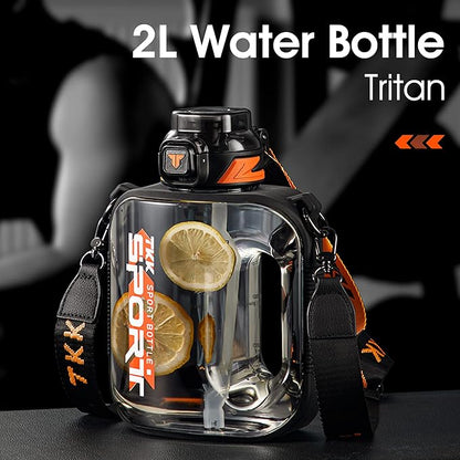 TKK Half Gallon Water Bottle Jug with Straw, Large Capacity Plastic Water Bottle, Dishwasher Safe, 1/2 Gallon 64 Oz, BPA Free Tritan for Gym, Yoga, Travel, Camping, Outdoor, Black