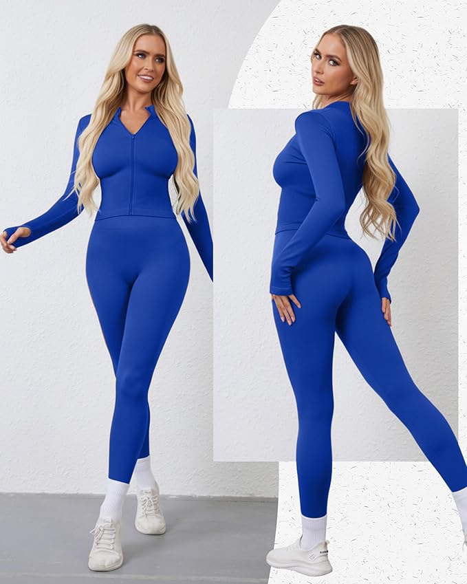 Women 3 Piece Seamless Workout Set Sports Bra High Waisted Gym Yoga Leggings Zip Up Jacket with Thumbhole Activewear