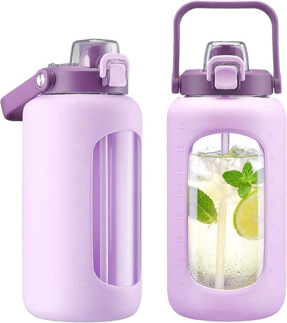 72oz Glass Water Bottle with 2-IN-1 Straw &Chug Lid, Large Motivational Glass Bottle with Capacity Marker and Silicone Sleeve, 2.1Liter Gallon Water Jug for Home, Sports, Gym, BPA Free-Light Purple