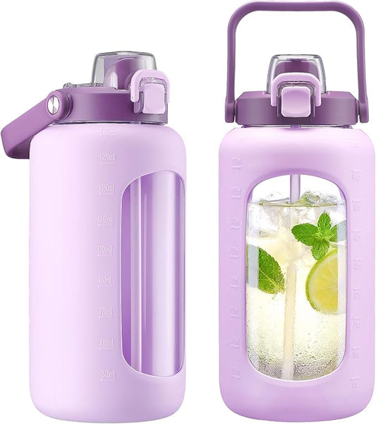 72oz Glass Water Bottle with 2-IN-1 Straw &Chug Lid, Large Motivational Glass Bottle with Capacity Marker and Silicone Sleeve, 2.1Liter Gallon Water Jug for Home, Sports, Gym, BPA Free-Light Purple