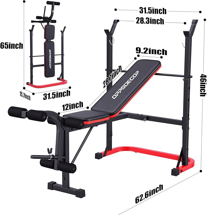 OPPSDECOR 661LBS Weight Bench Set, 8 in 1 Adjustable Bench Press with Squat Rack Leg Extension & Leg Curl Workout Bench with Safety Bar Catches Standard Weight Training Benches for Home Gym