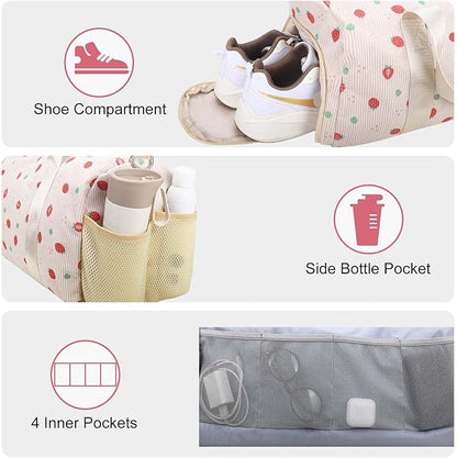 Gym Travel Duffle Bag for Girls - Gymnastics Sports Dance Bag with Shoe Compartment & Wet Pocket Strawberries Kids Travel Bag Teens Weekender Sleepover Carry On Bag