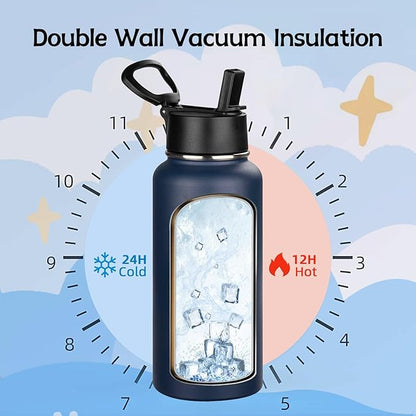 MEZMUT Insulated Water Bottle with Straw 32 oz Metal Water Bottle Leakproof Travel Stainless Steel Water Bottles Reusable Double Wall Gym Sports Cup Flask for Camping Hiking, Navy