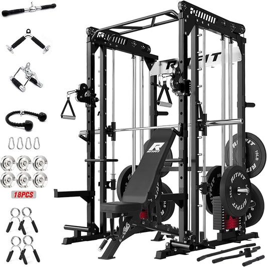 RitFit M1 Pro Smith Machine Package, All-in-One Power Cage with Weight Stack Set, Includes LAT Pulldown & Cable Crossover System for Home Gym