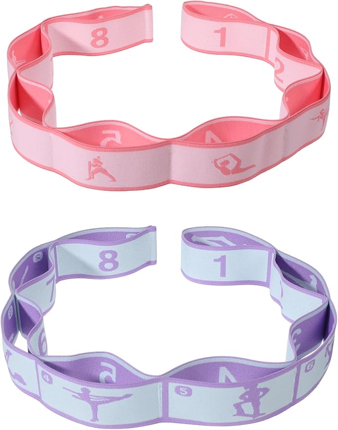 Adjustable Stretch Strap, 2 Pcs Elastic Yoga Stretching Strap with Loops 8-Loop Dance Stretch Band Stretching Bands for Flexibility Multi-Loop Exercise Bands for Pilates, Latin and Yoga