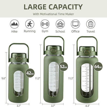 SIEROZUR 64 oz Glass Water Bottle with Straw and Handle Lid Half Gallon Motivational Glass Bottle with Silicone Sleeve and Time Marker Large Reusable Sports Water Jug for Gym Home Workout