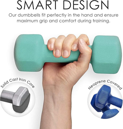 HolaHatha 2, 3, 5, 8, and 10 Pound Neoprene Dumbbell Free Hand Weight Set with Rack, Ideal for Home Exercises to Gain Tone and Definition, Pastel