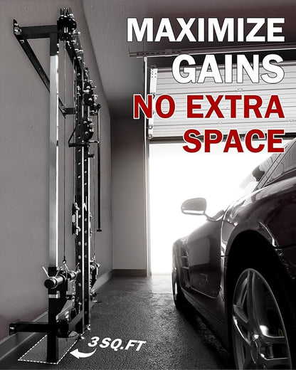 Mikolo Folding Squat Rack, Wall Mounted Power Rack with Cable Crossover Machine & LAT Pull Down, Functional Trainer with 5 Adjustable Function Modes, for Home Gym and Space Saving