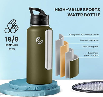 COKTIK 32oz Sports Water Bottle, Stainless Steel Water Bottle for Insulated, Reusable Travel Bottle, With Straw, With Handle Grip for Easy Carrying, Suitable for Cycling, Outdoor Vacations(Army Green)