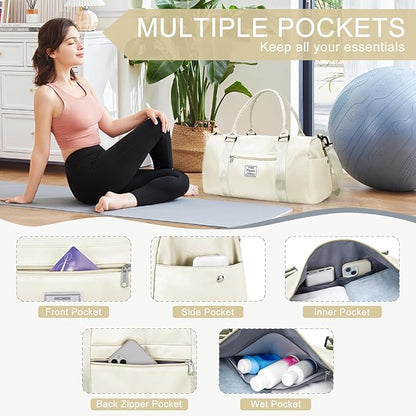 Gym Bag for Women Men with Shoes Compartment and Wet Pocket,Sport Swimming Yoga Bag,Waterproof Travel Duffel Bag Small Carry on Bag Overnight Weekender Bags Personal Item Bag for Airlines Cream White