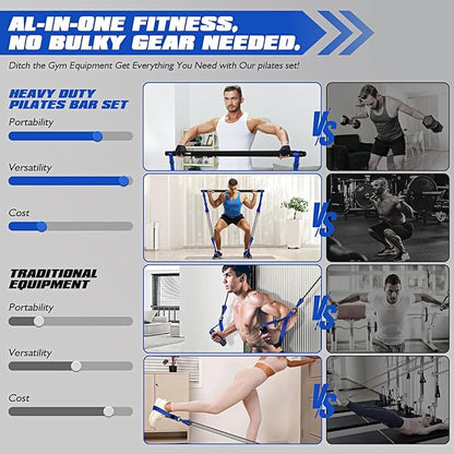 Pilates Equipment, Heavy Duty Pilates Bar Kit with Resistance Bands, Portable Gym Adjustable Exercise Bands, Home Squat Training, Arm, Abs, Waist, Chest Strength Workout Equipment for Men