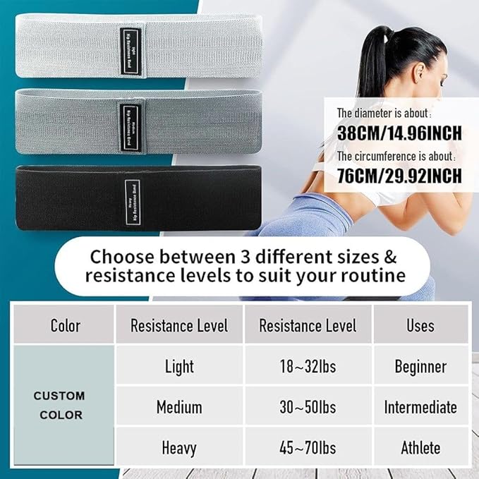 Fabric Resistance Bands Set, 3 Levels Light Medium Heavy, for Legs and Glutes, Squats, Yoga and Strength Training