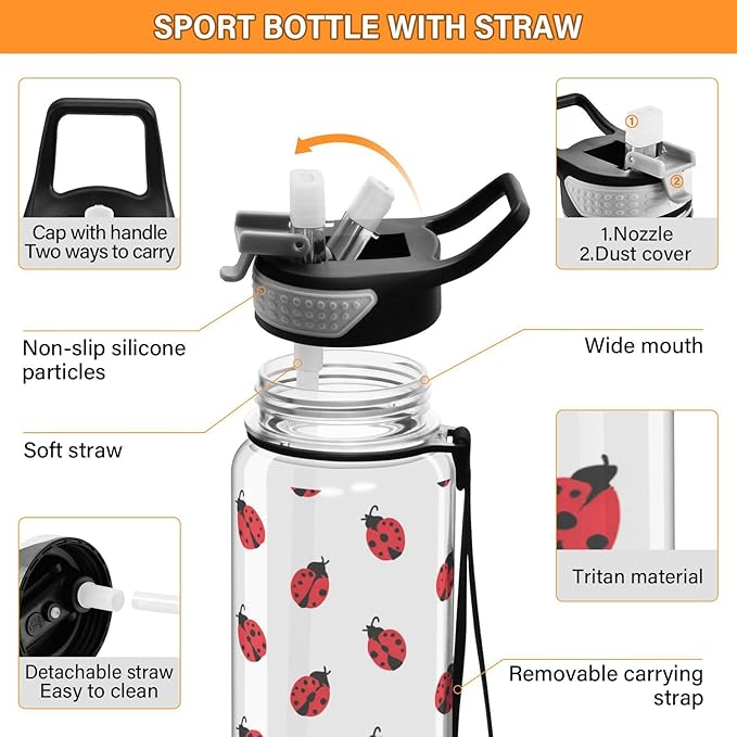 Fustylead Ladybug 32 oz BPA-Free Water Bottle with Straw, Leak-Proof Sport Bottle for Fitness, Gym, Camping, Outdoor Sports