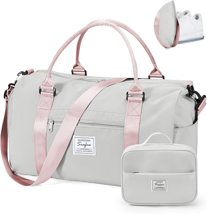 Gym Bag for Women with Shoes Compartment Small Duffel Bag Sport bag with Toiletry Bag Overnight Travel Tote Bags Weekender Carry on Bags Personal Item Bag for Airlines Grey Pink