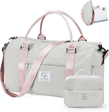 Gym Bag for Women with Shoes Compartment Small Duffel Bag Sport bag with Toiletry Bag Overnight Travel Tote Bags Weekender Carry on Bags Personal Item Bag for Airlines Grey Pink