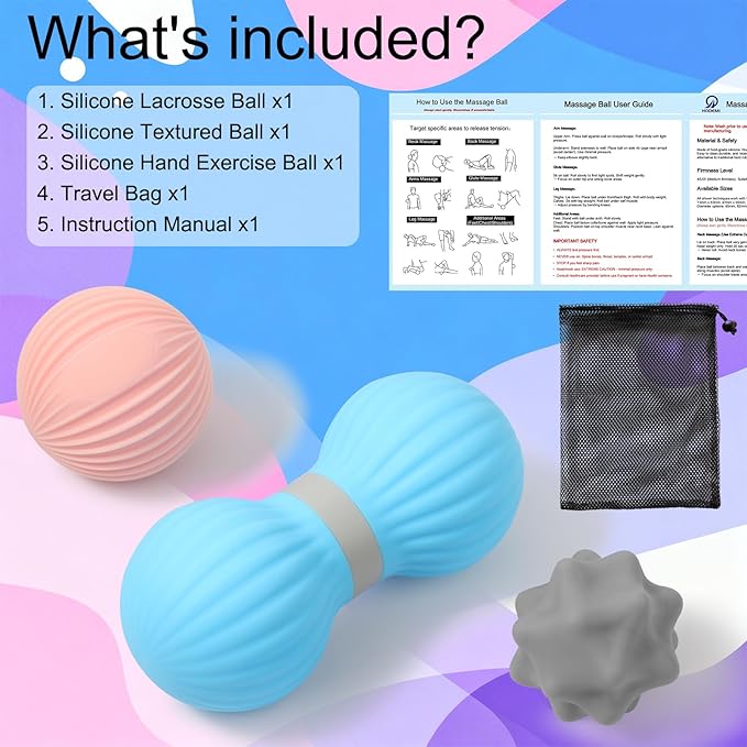 HODEMI Peanut Massage Ball Set, 3 Pack Peanut Roller, Textured Massage Ball & Trigger Point Ball for Deep Tissue Massage and Myofascial Release for Back, Neck, Hip and Foot with Mesh Bag