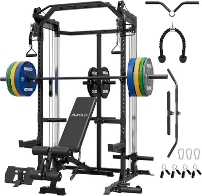 Mikolo Power Cage, 2000LB Power Rack with Independent Dual Pulley System, Multi-Function Home Gym Workout Machine for Cable Crossover