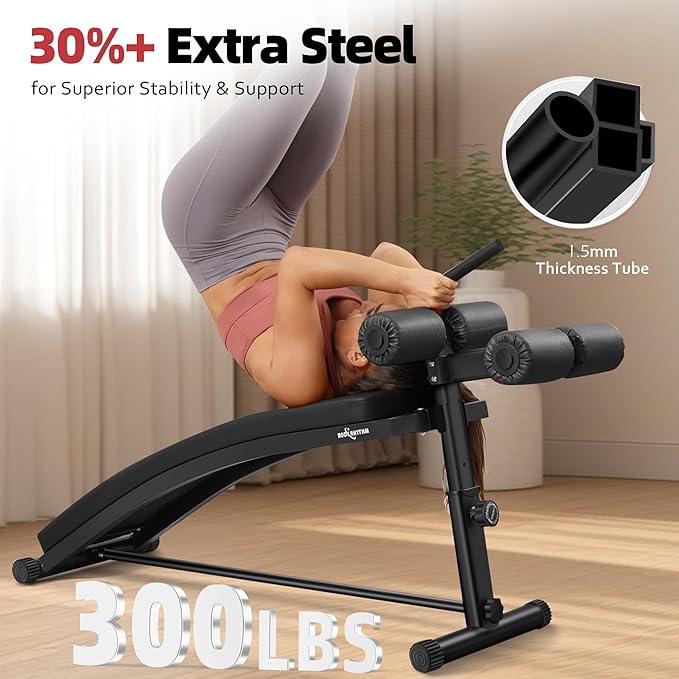 BODY RHYTHM Sit Up Bench with 4 Adjustable Heights and Reverse Crunch Handle, Curved Ab Workout Bench for Home Gym, Adjustable Weight Bench for Core Workouts and Decline Bench Press, Suitable for Individuals Up to 5.9ft Tall.