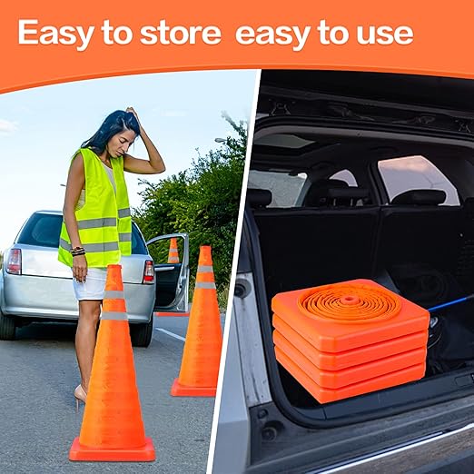 TENKAIWICK 28 Inch 6 Pack Traffic Cones, Collapsible Safety Cones, Multi Purpose Pop-up Cones with Reflective Collar, Orange Cones for Parking lot, Driveway, Driving Training etc