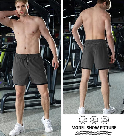 Aolesy Men's 2 in 1 Running Shorts 5" Workout Gym Athletic Shorts for Men Quick Dry Lightweight Training Shorts with Pockets