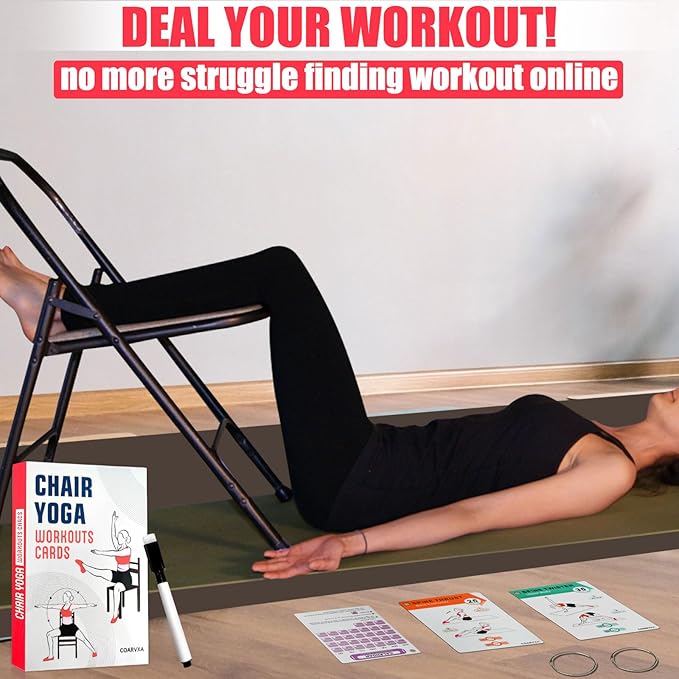 Chair Yoga Workouts for Women-58 Exercise Cards with Chair Yoga，ncludes 4-Week Challenge,2 Rings& Dry-Erase for Easy Organization-Home, Gym or Studio