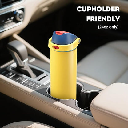 POWCAN 24 oz Stainless Steel Water Bottle: 2-in-1 Push-Button Spout & Quick-Flip Straw, Leakproof, Cold 24Hrs, Fits Car Cup Holder, Insulated Sports Water Bottle for Women, Girls (Red Apple Charm)