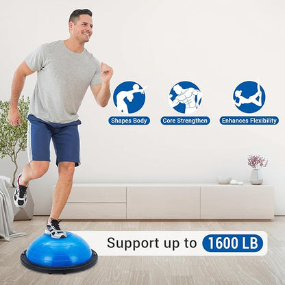 23/25in Balance Ball, 1600 lbs Half Exercise Ball with Nonslip Base, Inflatable Half Ball Balance Trainer, Stability Half Yoga Ball Strength Training Equipment with 2 Bands, Pump, Extra Ball Included,