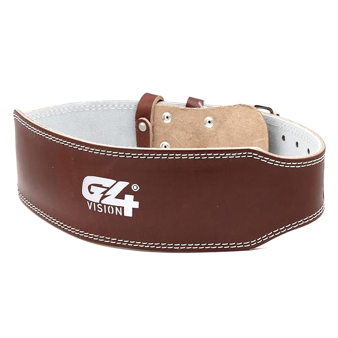 G4 VISION Genuine Leather Adjustable Weightlifting Belt 4 Gym Fitness Bodybuilding Powerlifting Deadlifting Thrusters Back Support Heavy Workout (Medium, Brown)