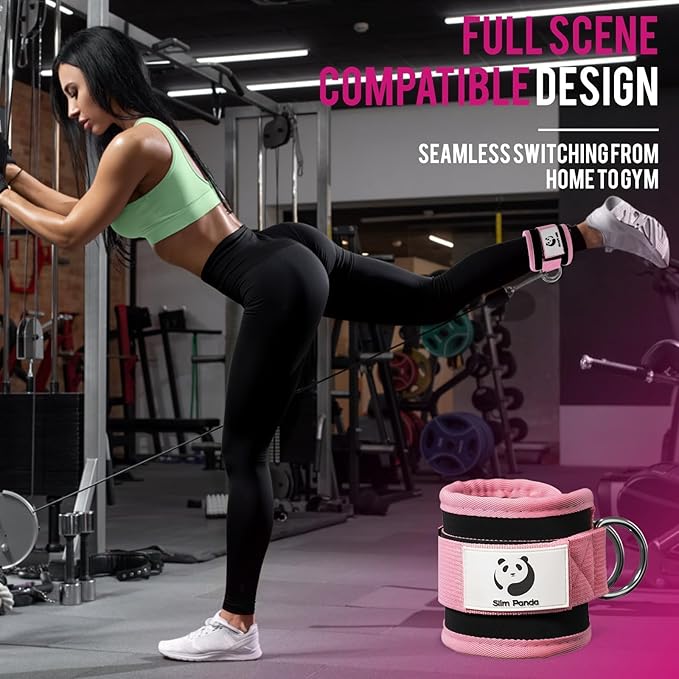 Slim Panda Ankle Strap for Cable Machine,Ankle Cuff for Kickbacks, Booty Hip Abductors,Glute Workouts, Leg Extensions, Curls for Men and Women, Adjustable with Double D-Rings
